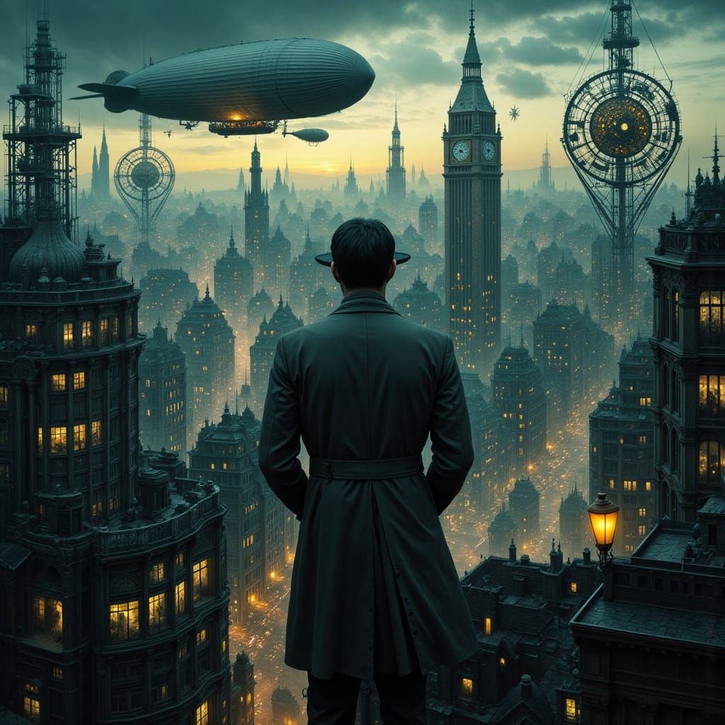 Anachronistic Cityscape at Dusk with Dirigibles in Film Noir...