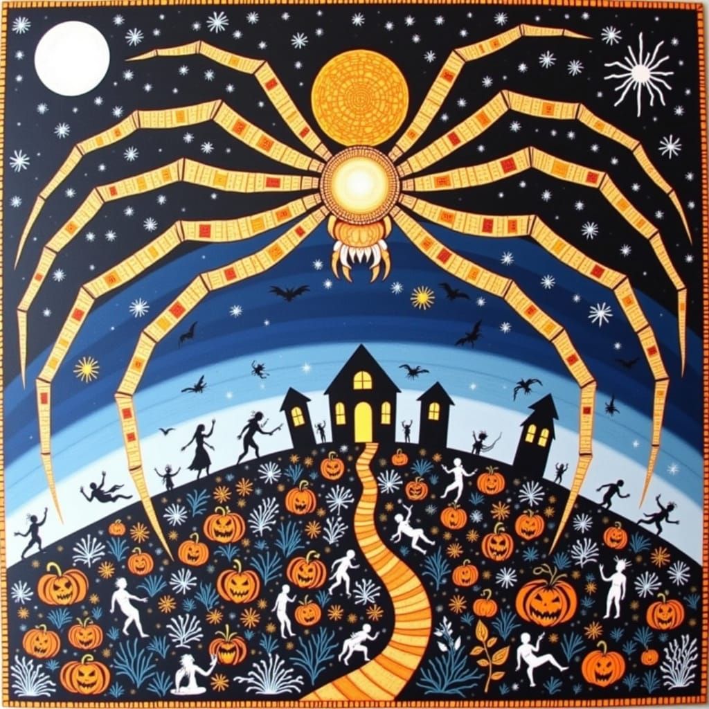Giant Tarantula Over Halloween Town in Folk Art Style