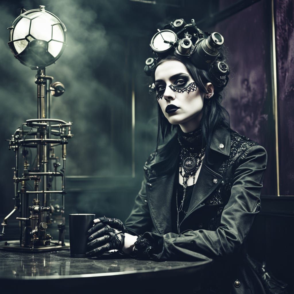 Gothic Fashion Model in Dark Coffee Shop, Moody Photography
