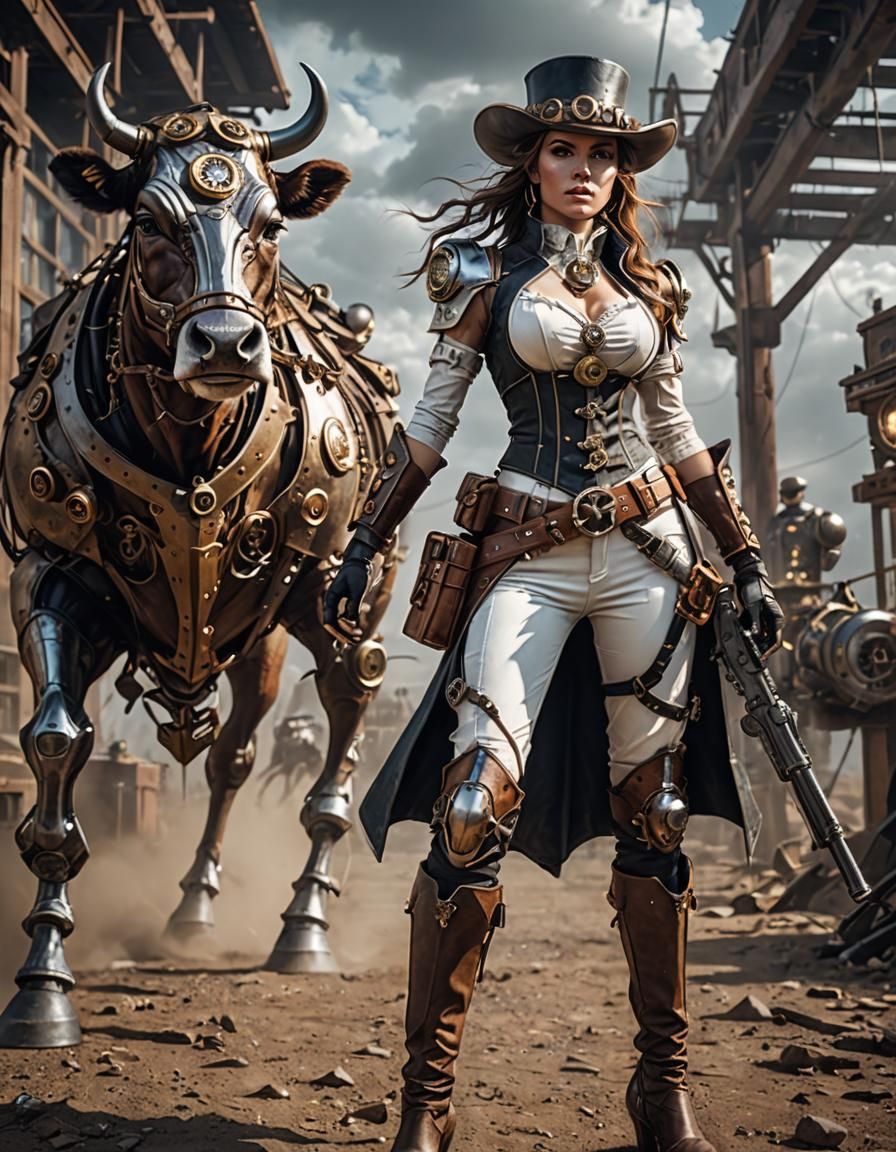 extreme futuristic steampunk, a stunning cowgirl with a mech...