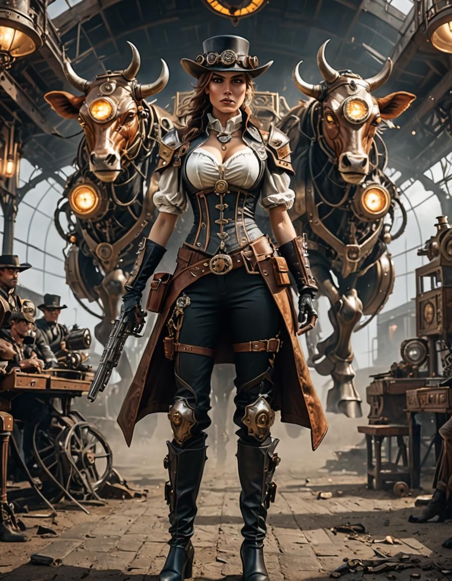 extreme futuristic steampunk, a stunning cowgirl with a mech...