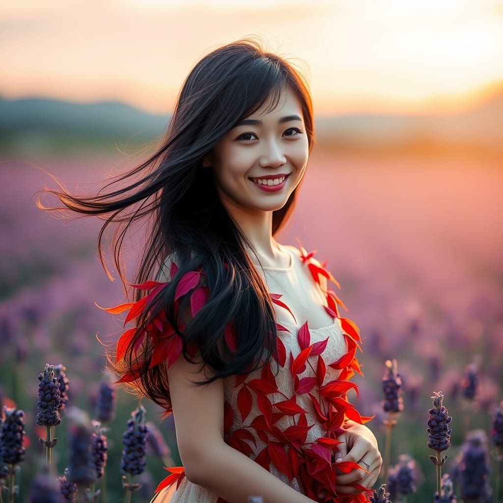 Japanese Woman in Red Leaf Dress in Lavender Field