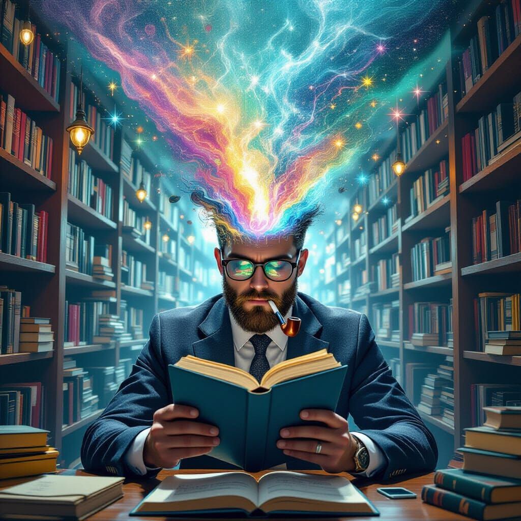 Surreal Scholar Immersed in Books, Psychedelic Art