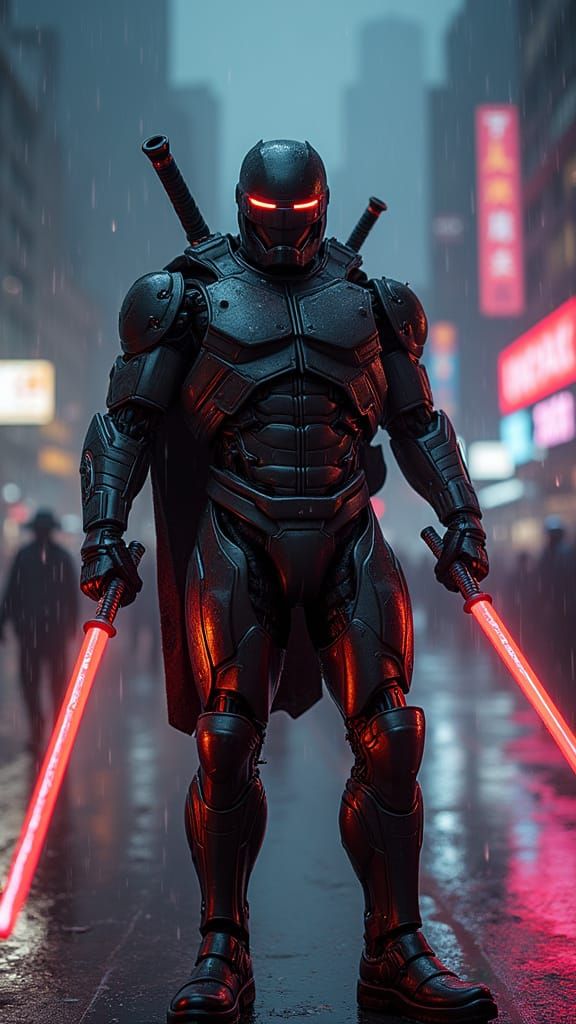 Cyberpunk Metal Turtle Wields Glowing Katana in Dystopian Ne...