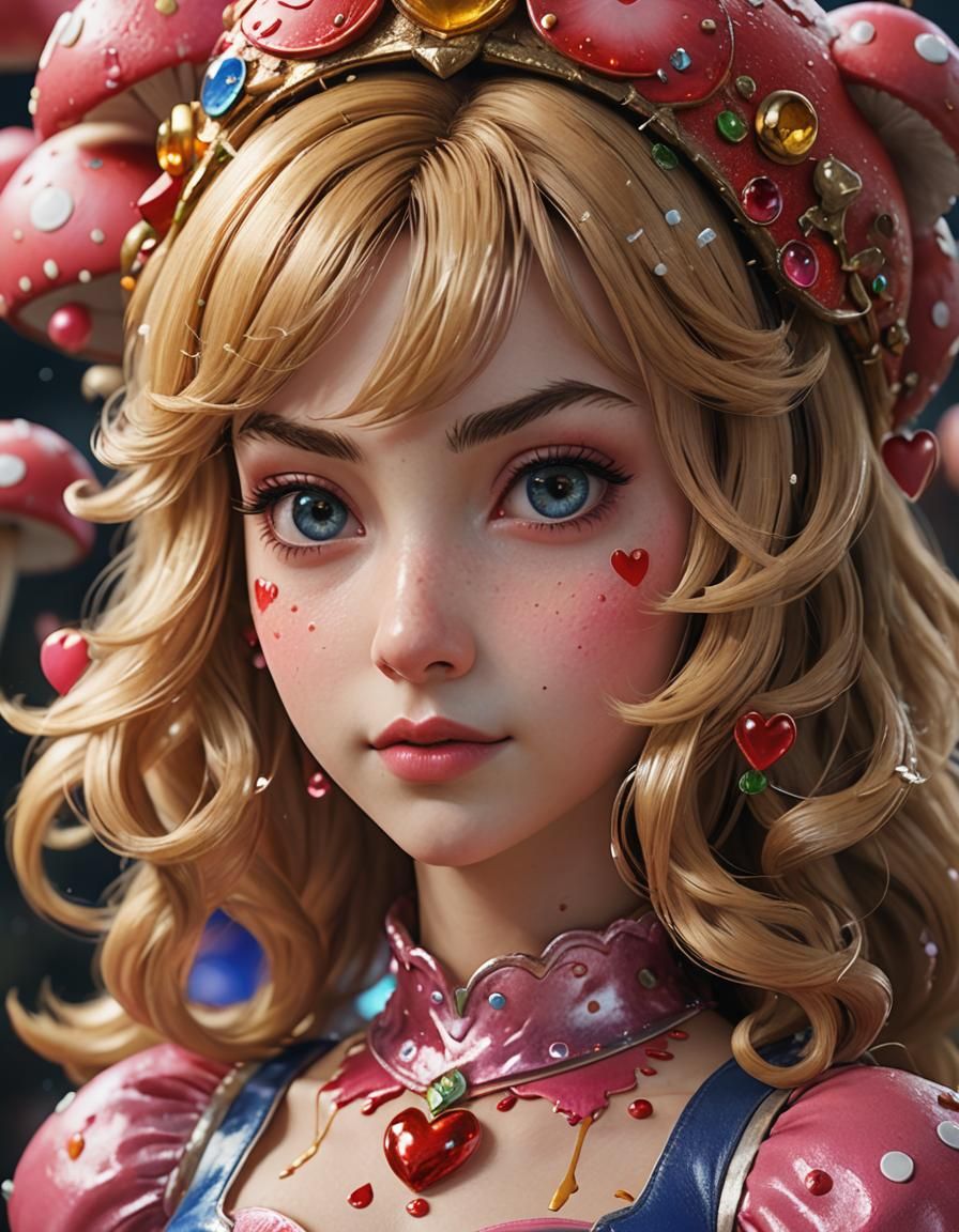 macro close-up of the face of beautiful (Princess Peach Toadstool) with her heart shaped bangs in their glory. Utilizing...