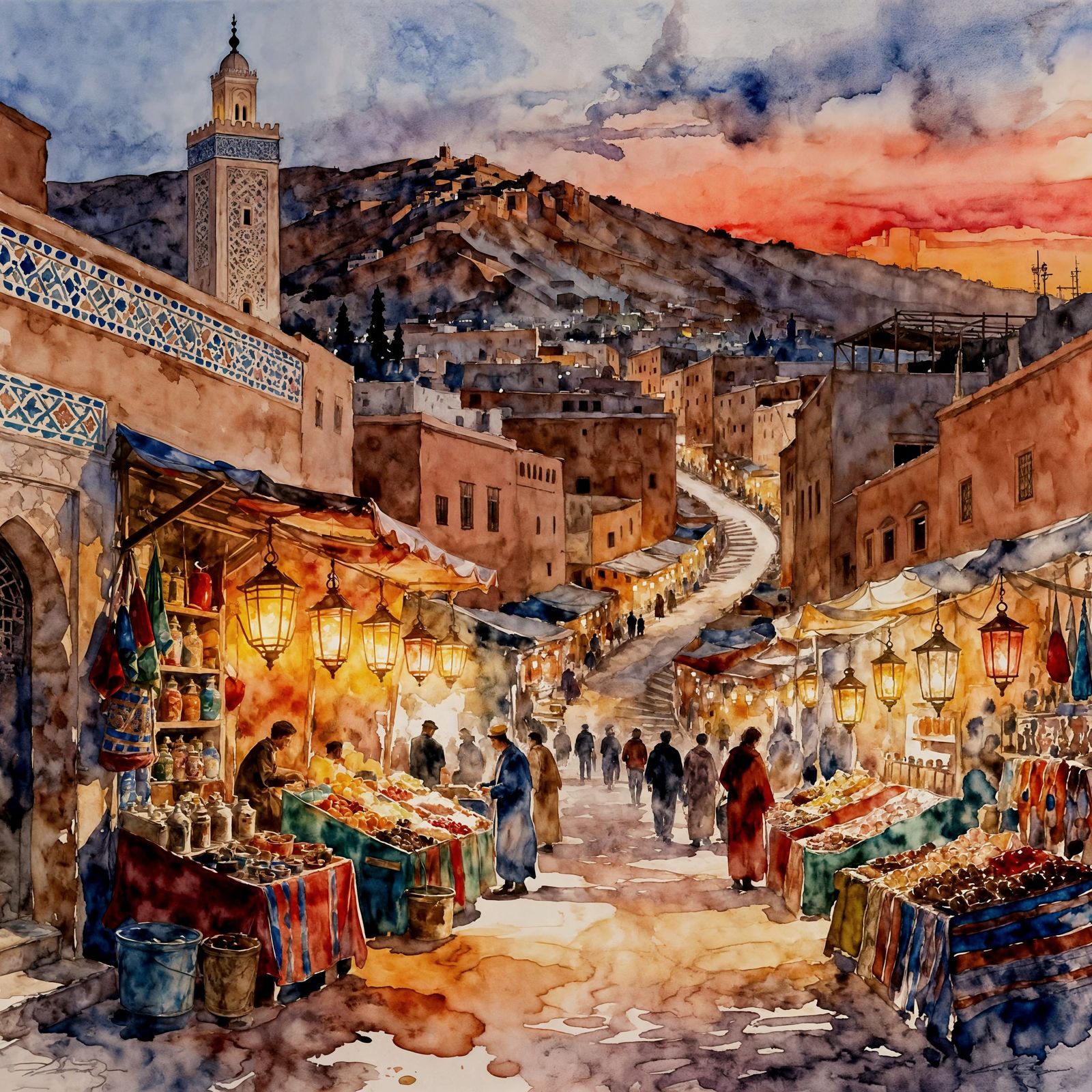 Moroccan Market Square Dusk Watercolor Illustration