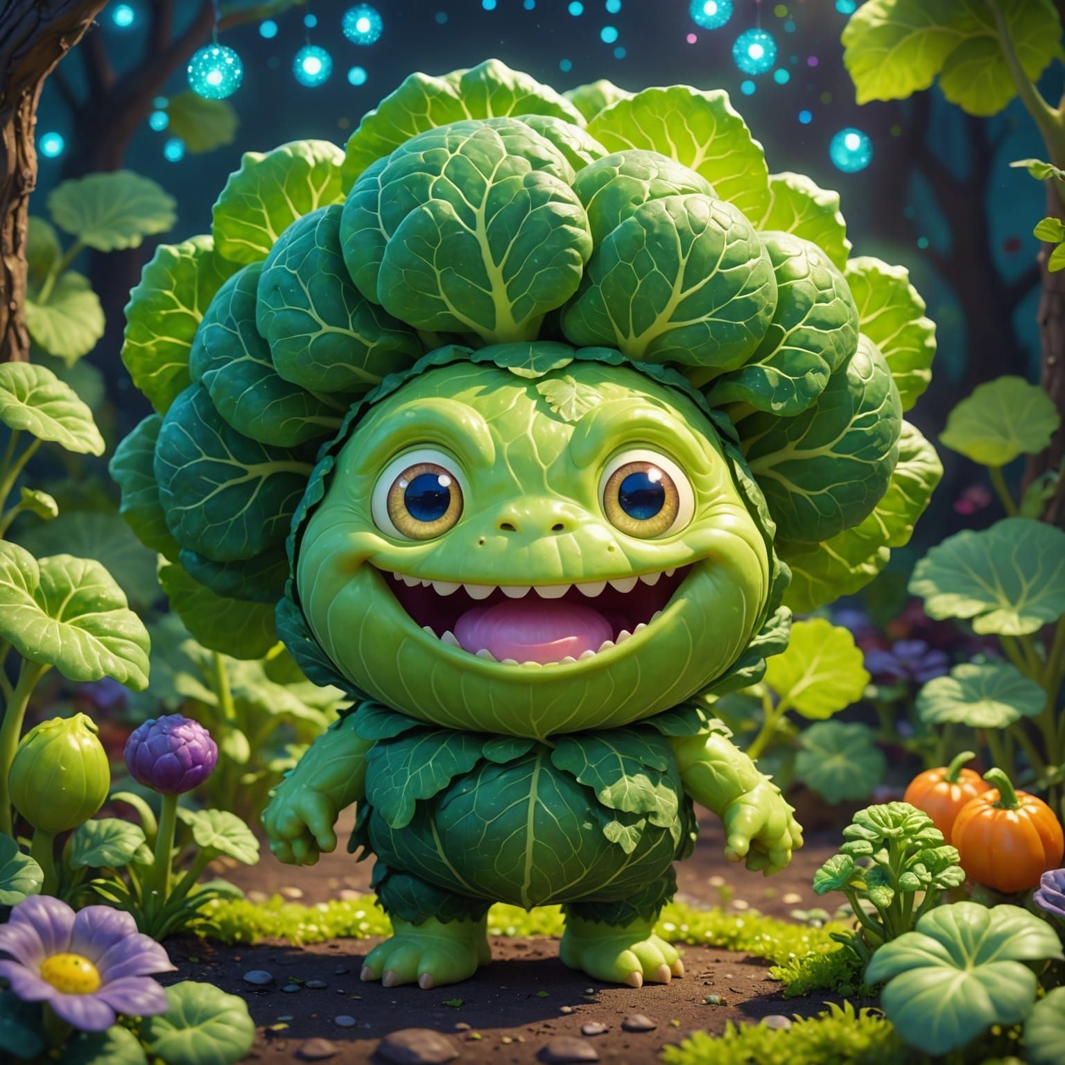 Cute Chibi Cabbage Monster in Whimsical Garden