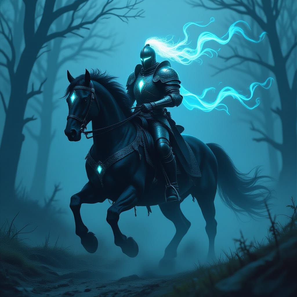 Spectral Knight Rides Ethereal Horse in Misty Forest