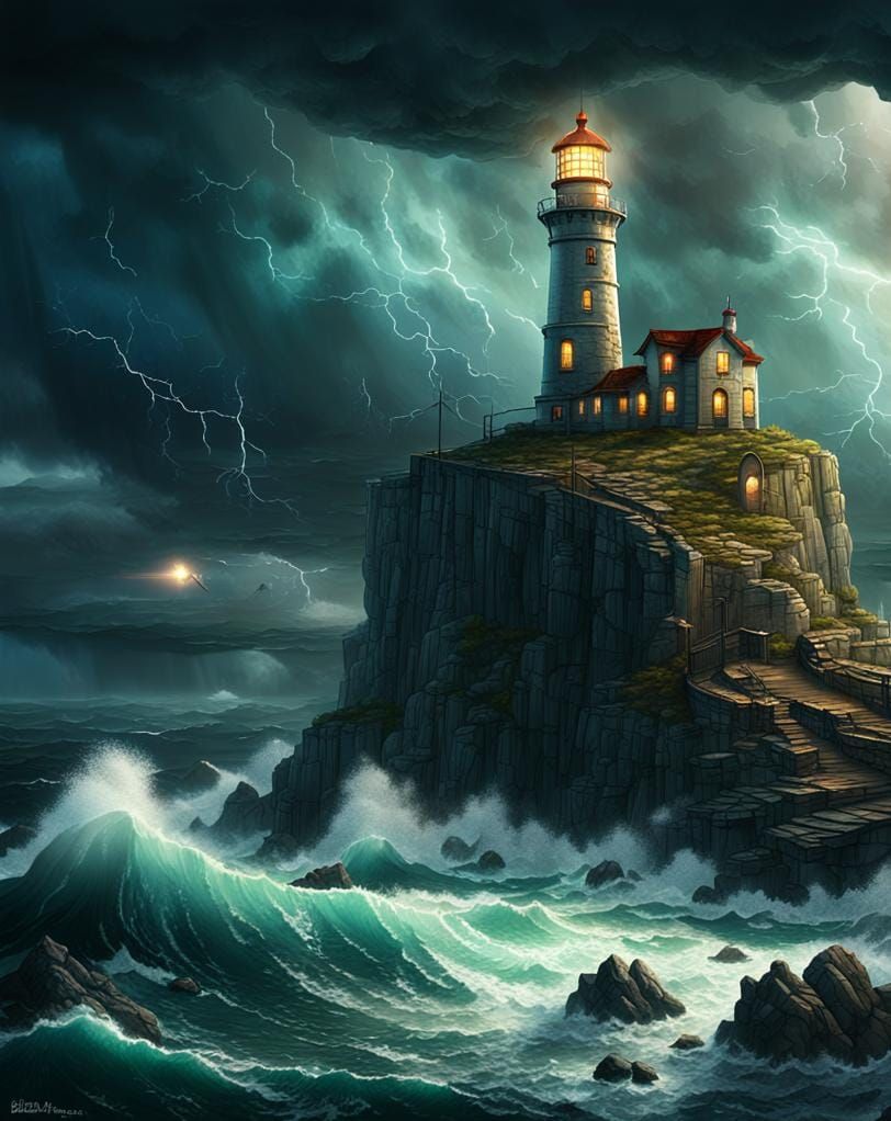 Lighthouse on Cliff During Storm: Fantasy Concept Art