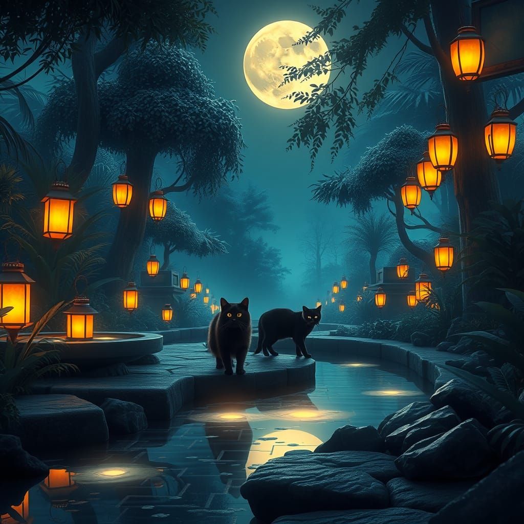 Moonlit Garden Cats in Cinematic Style