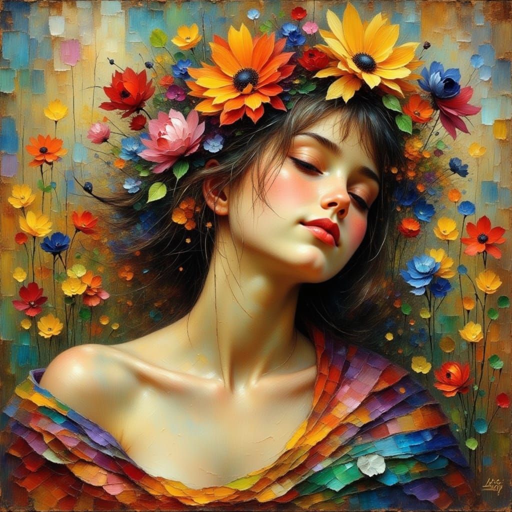 Painterly Portrait of a Serene Woman with Flower Crown