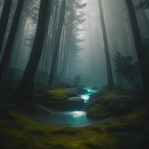 Elves Gather by Glowing Tree in Misty Forest