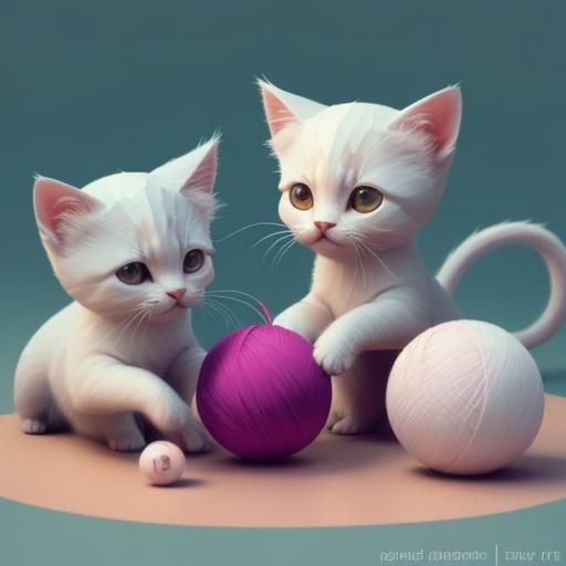 Kittens Play with String Ball in Low Poly Style