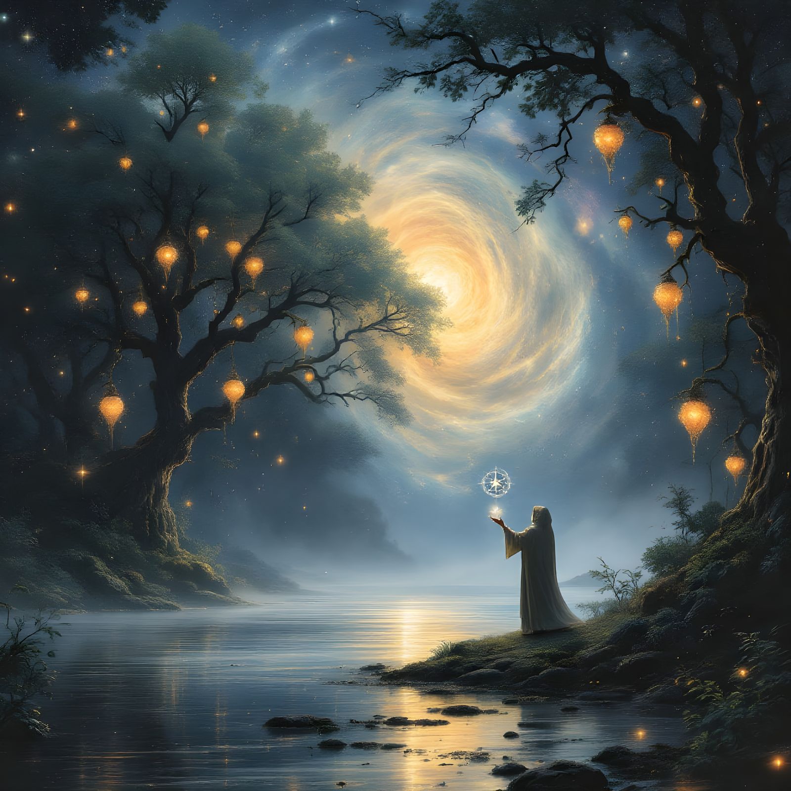 Ethereal Figure Guides Through Luminous Midnight Forest