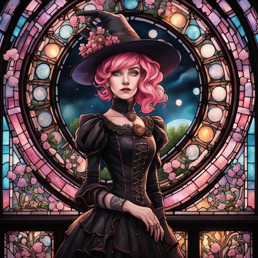 Pink-Haired Steampunk Witch in Stained-Glass Window