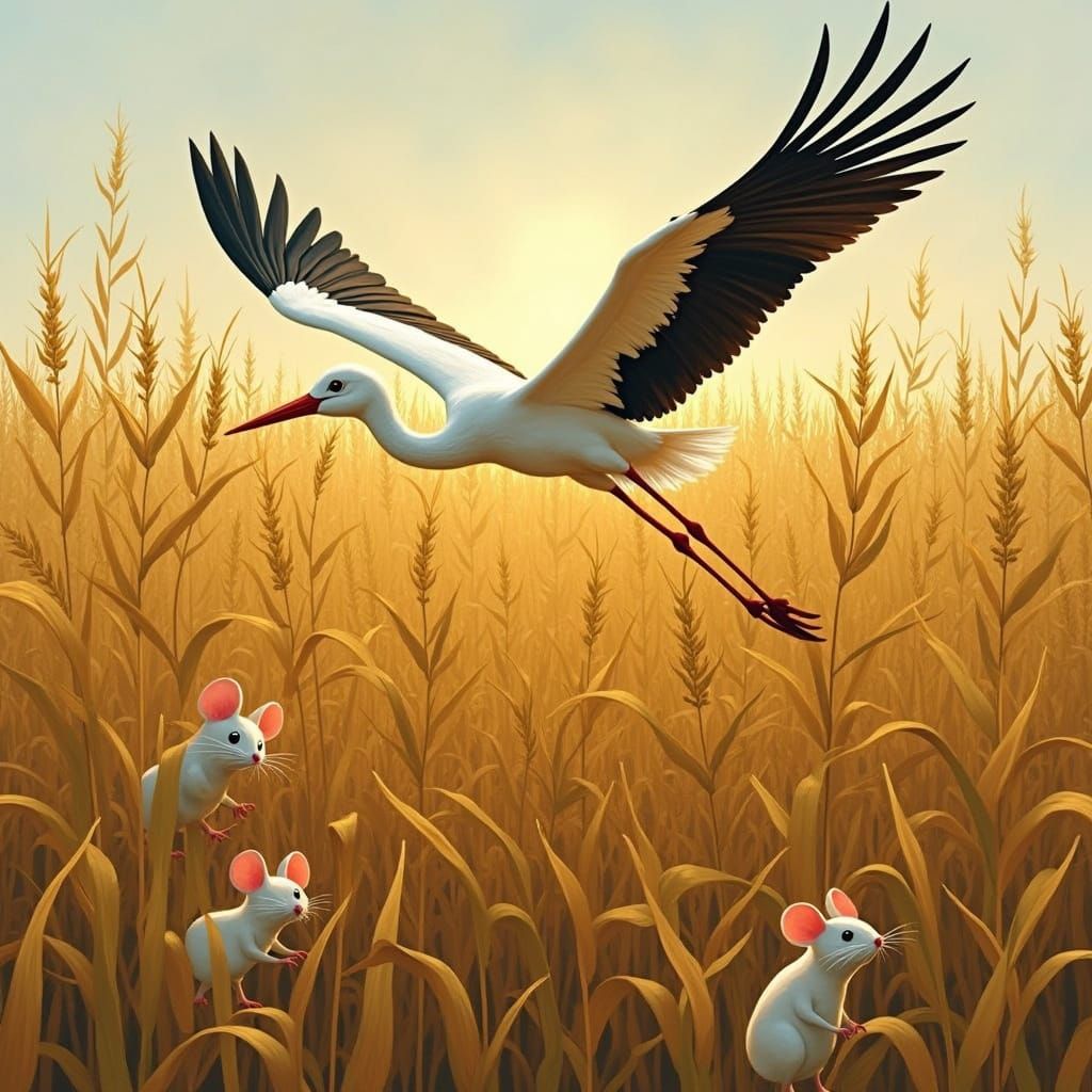 Stork Soaring Over Cornfield, Whimsical Art