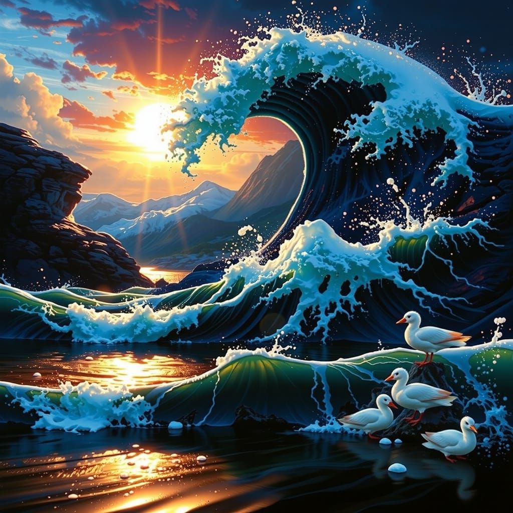 The Great Wave in Striking Red Monochromatic Palette