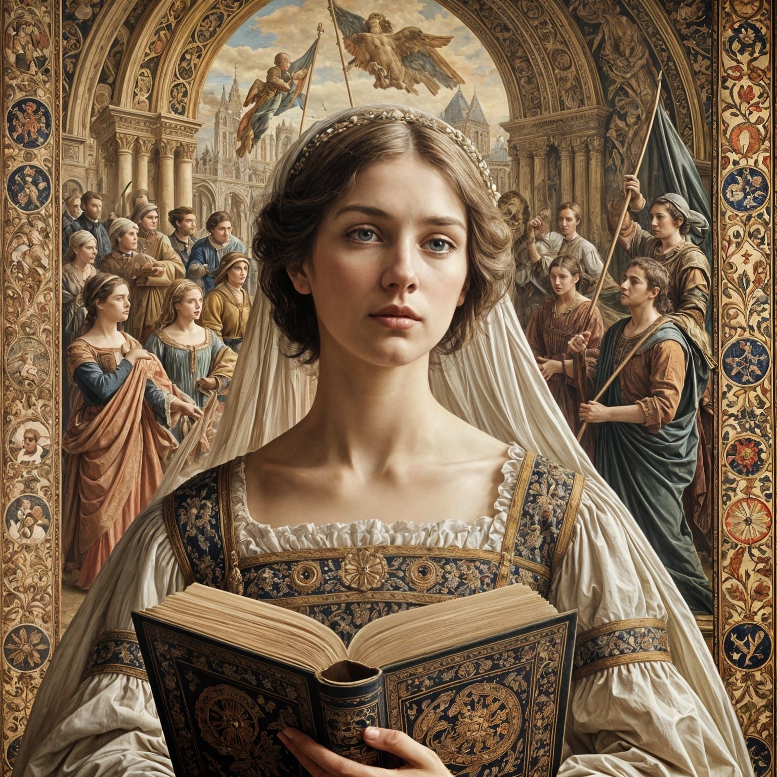 Woman in Elegant 19th-Century Attire Reads in a Luxurious Se...