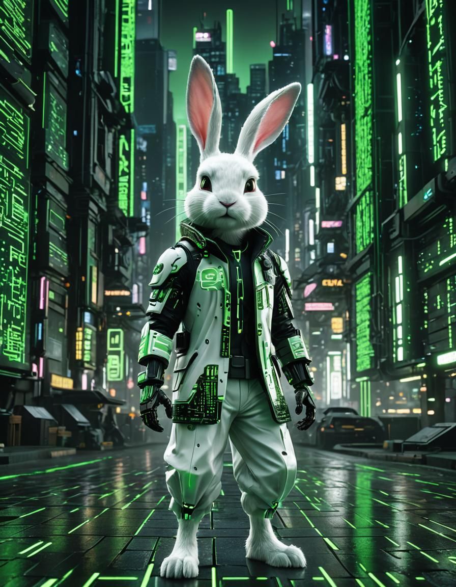 Cyberpunk Rabbit in Matrix Code Cityscape