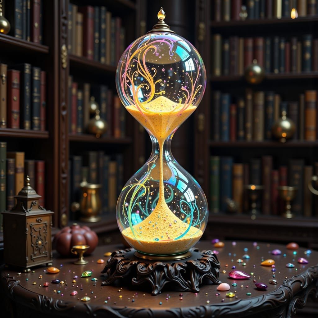 Hourglass Lamp in Mystical Library: Ethereal Art