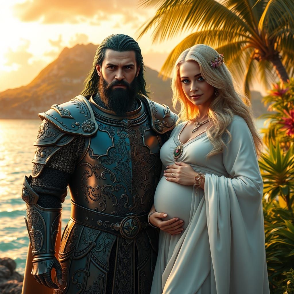 Knight and Wife on Tropical Island in Matte Painting Style