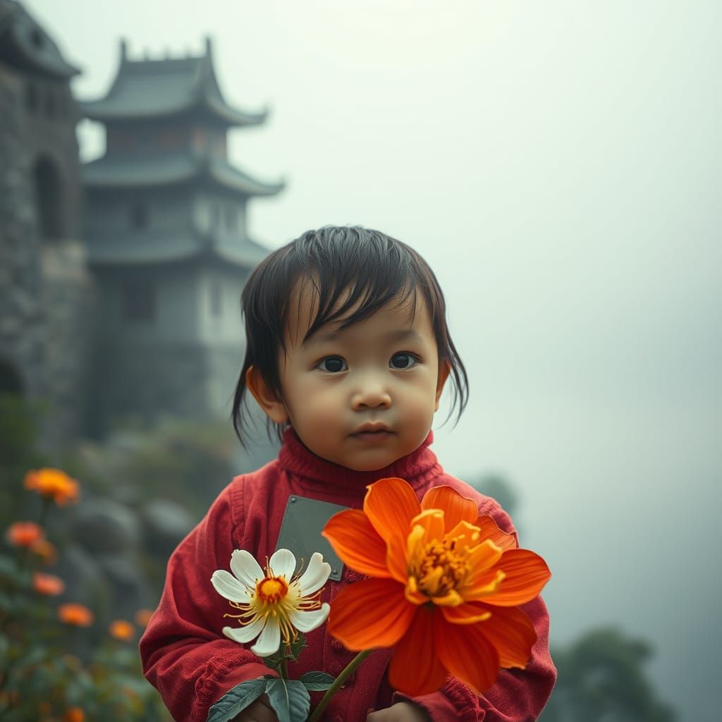 Hazy Oriental Castles with Crystal Flower, Cinematic Style