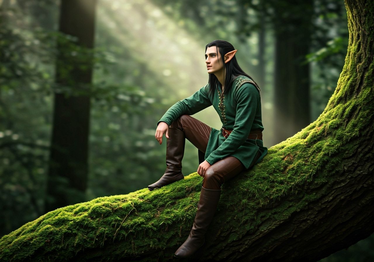 Male Elf on Mossy Branch in Enchanted Forest