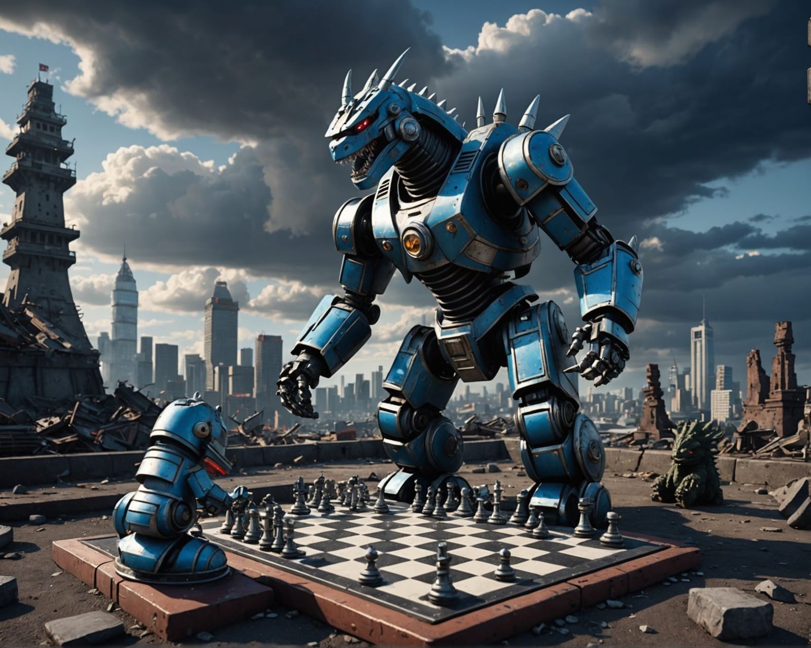 Giant Robot Chess Match with Godzilla in Ruins