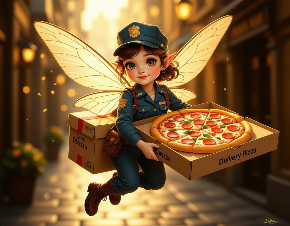 Fairy Pizza Delivery with Golden Illumination