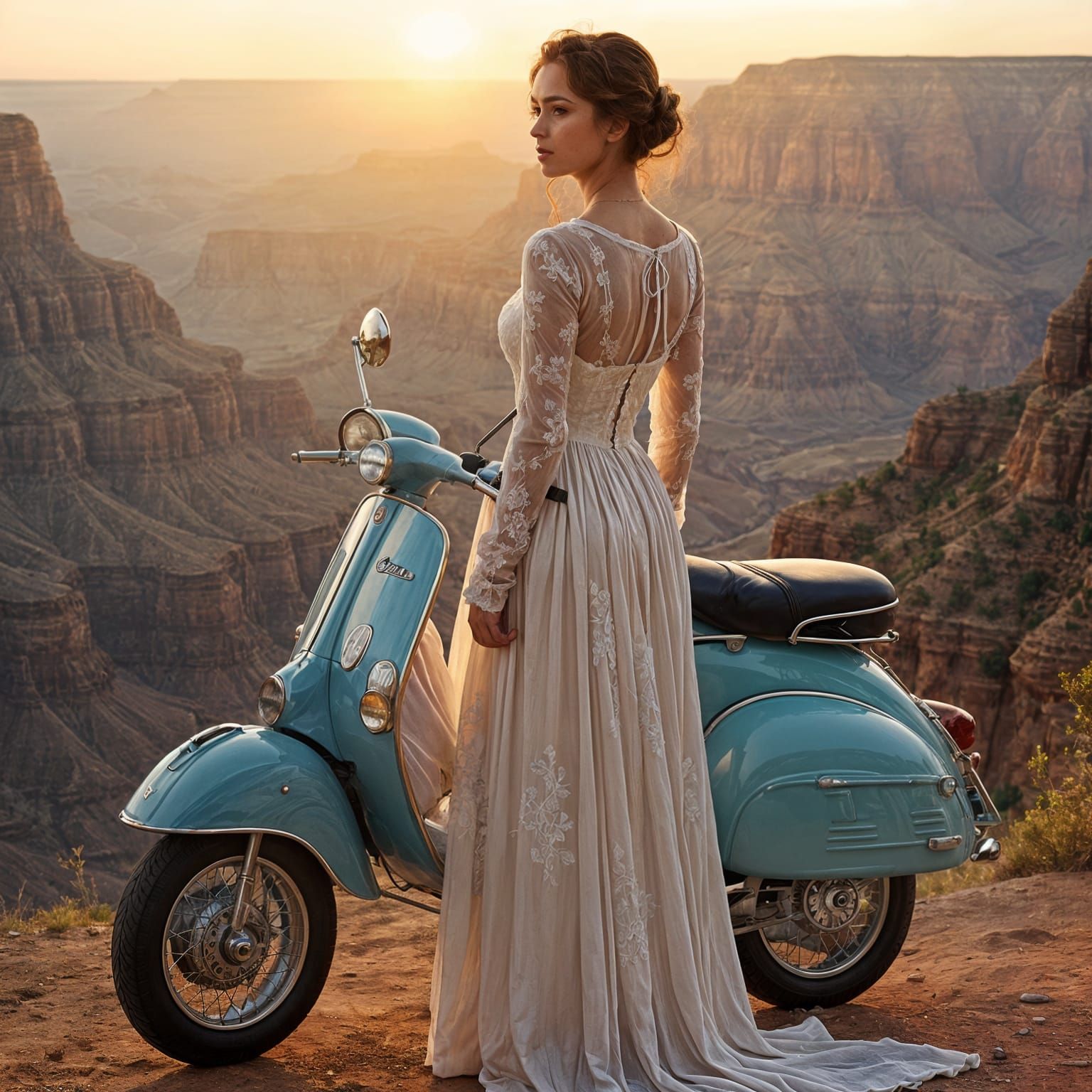 Victorian Lady Rides Vintage Vespa at Grand Canyon Sunset