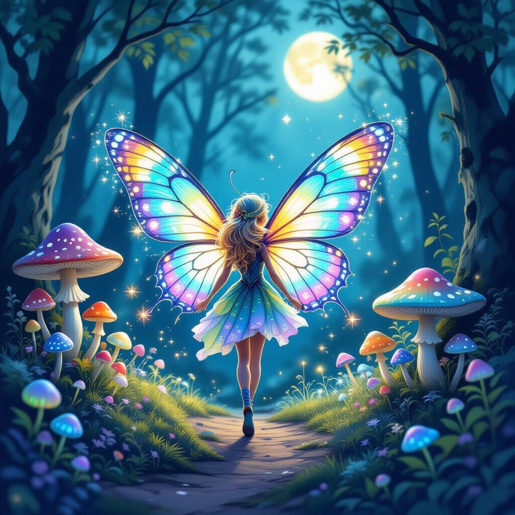 Ethereal Sprite with Mushroom Wings in Enchanted Forest