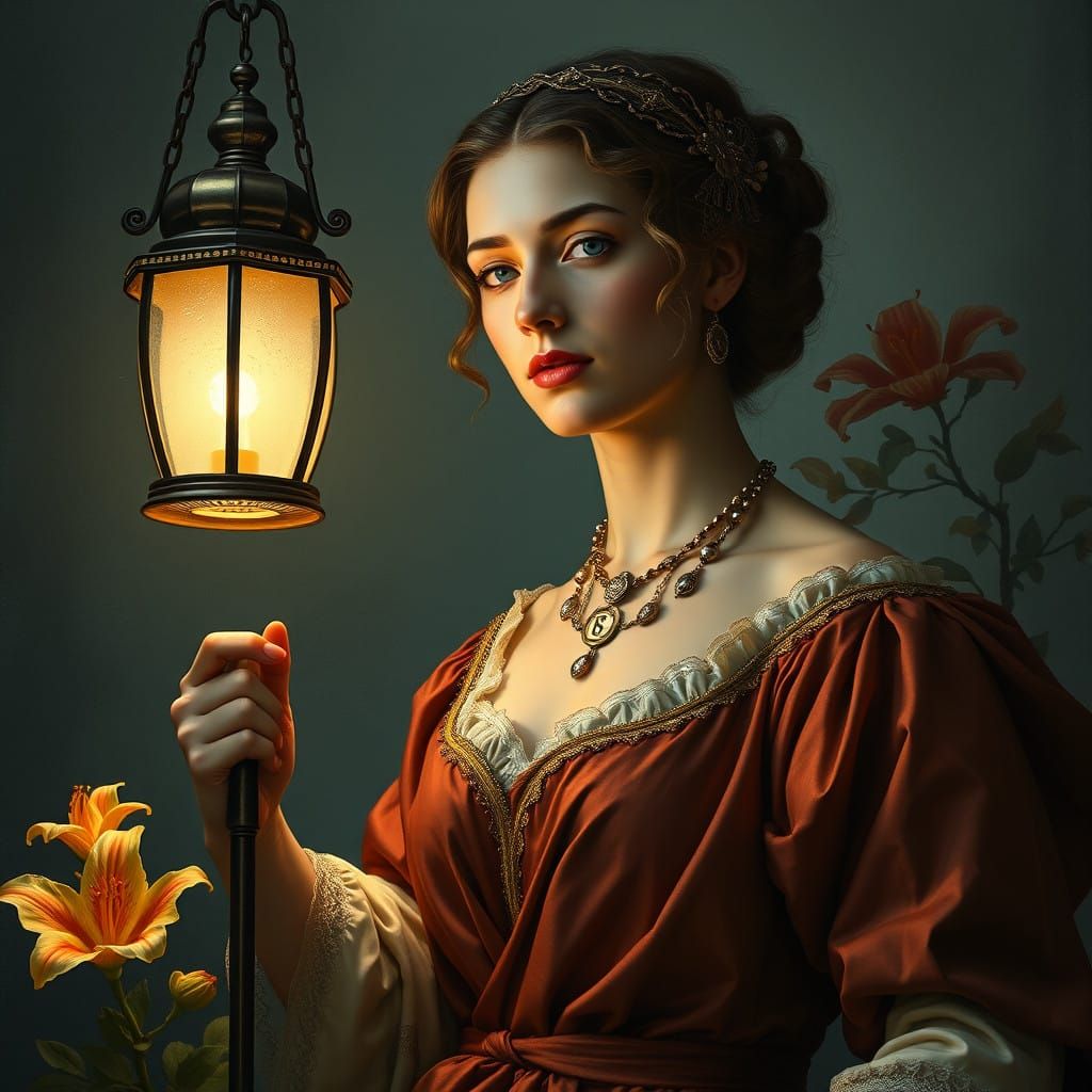 Majestic Italian Renaissance Lady with Pearl Necklace and La...