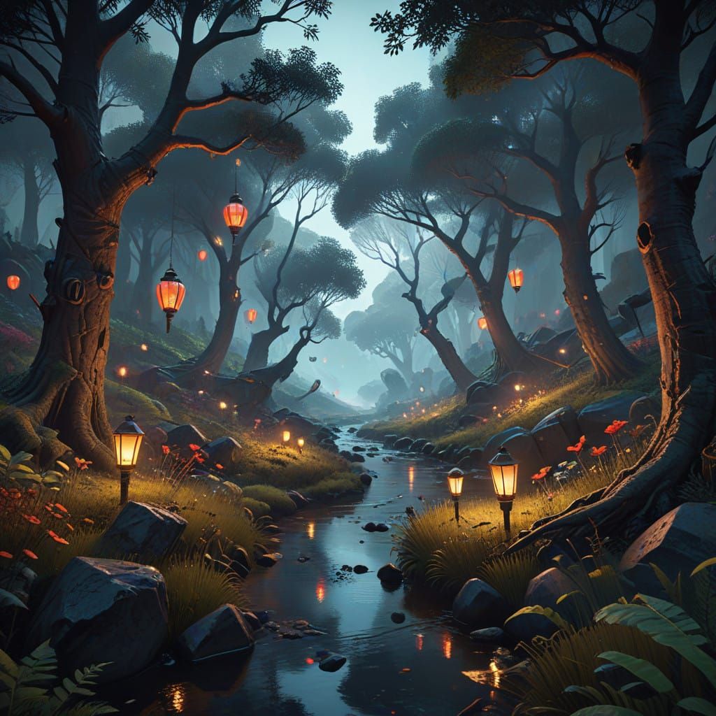 Mystical Forest Scene in Miró-Inspired HDR Style