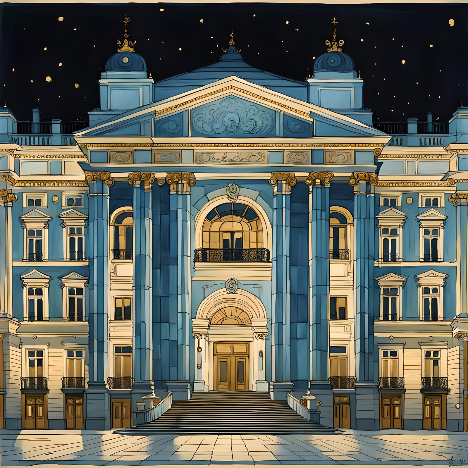 Neoclassical Warsaw Theater at Night in Gouache Style