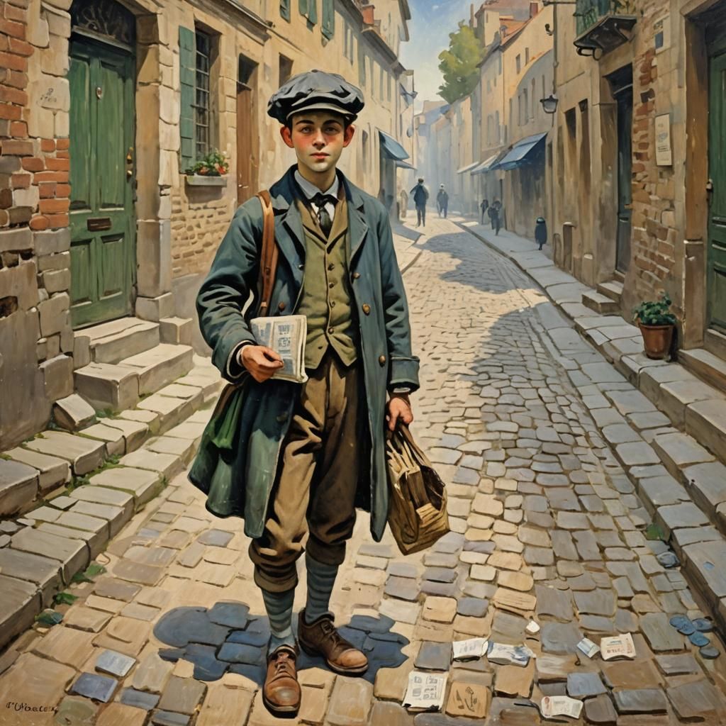 Impressionist painting year 1850. Medium shot. A young newsboy standing on a cobblestone street,