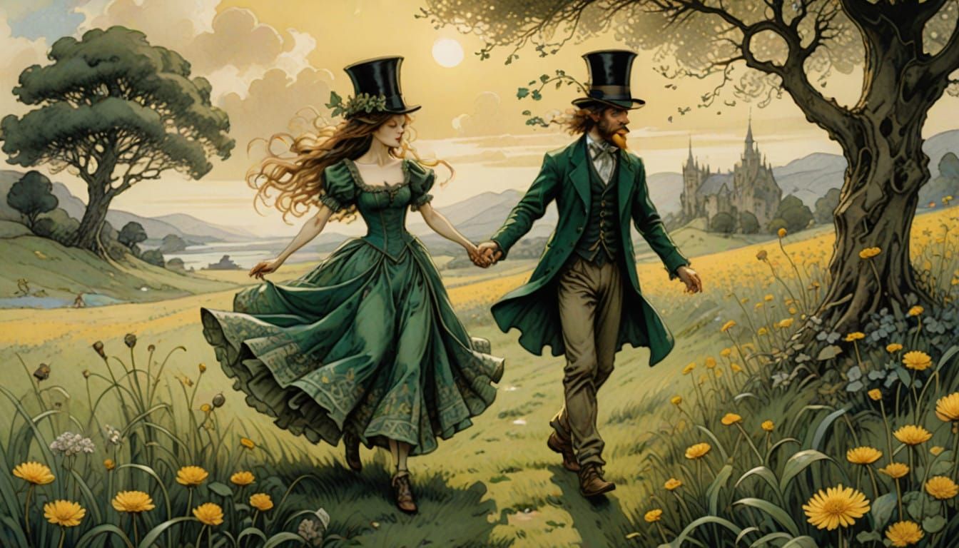 Miniature Couple Dances Amongst Golden Dandelions in Whimsic...