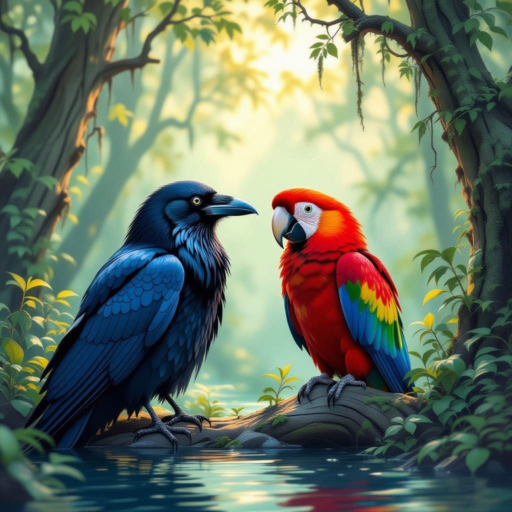 Raven and Parrot in Creepy Forest Watercolor Art