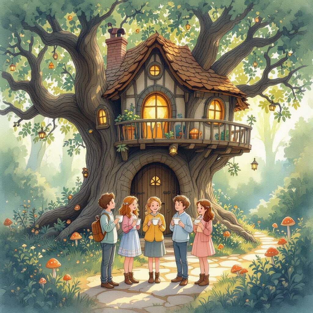 Enchanted Forest Treehouse Scene in Watercolor Style