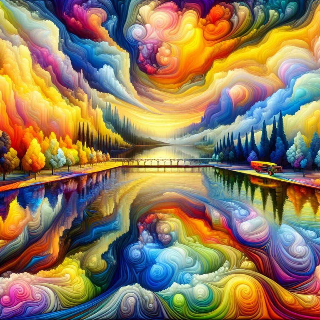 Colorful Landscape Painting with Serene Lake