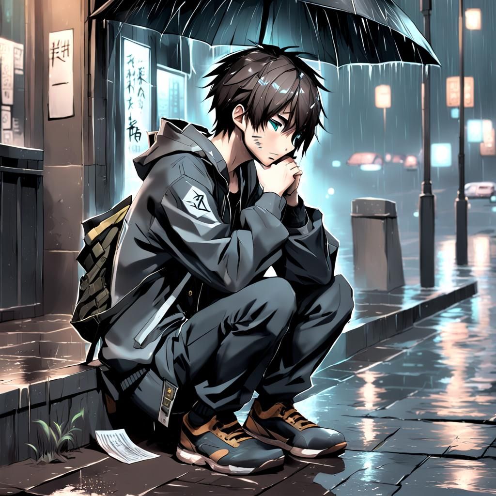 Worried Anime Man in Rainy Street, Digital Art