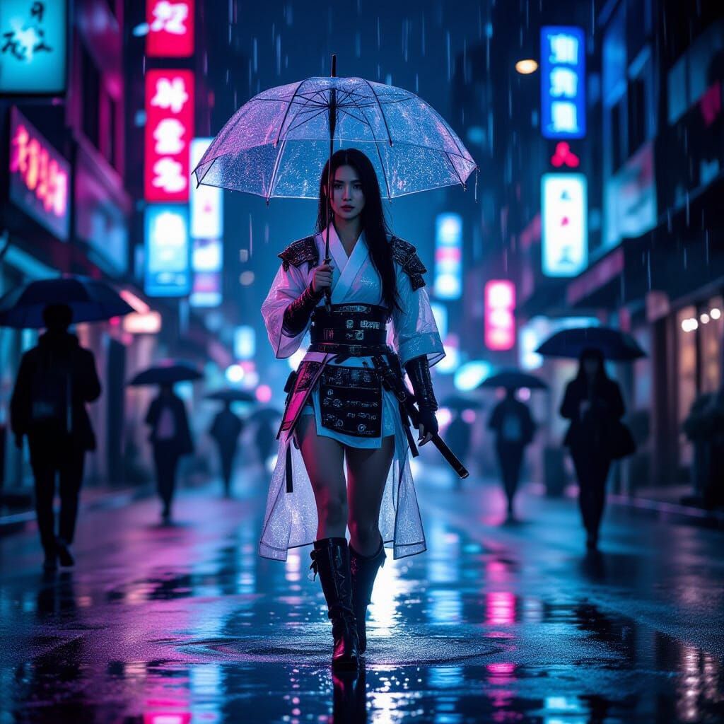 Korean Warrior Woman in Neon Rain Street Scene