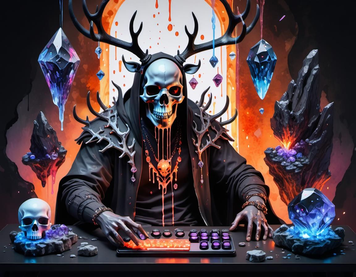 Gamers Immersed in Tech with Runed Skull: Watercolor