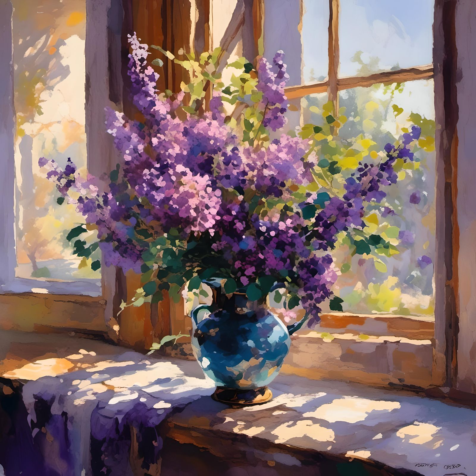 Vase with Purple Flowers in Dappled Light