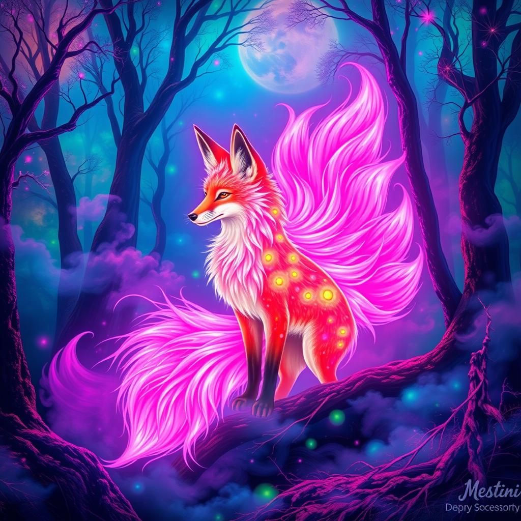 Psychedelic iridescent fox kitsune forest kaleidoscopic hall...