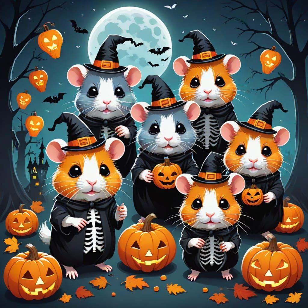 Halloween Hamsters in Skeleton Masks Trick-or-Treating