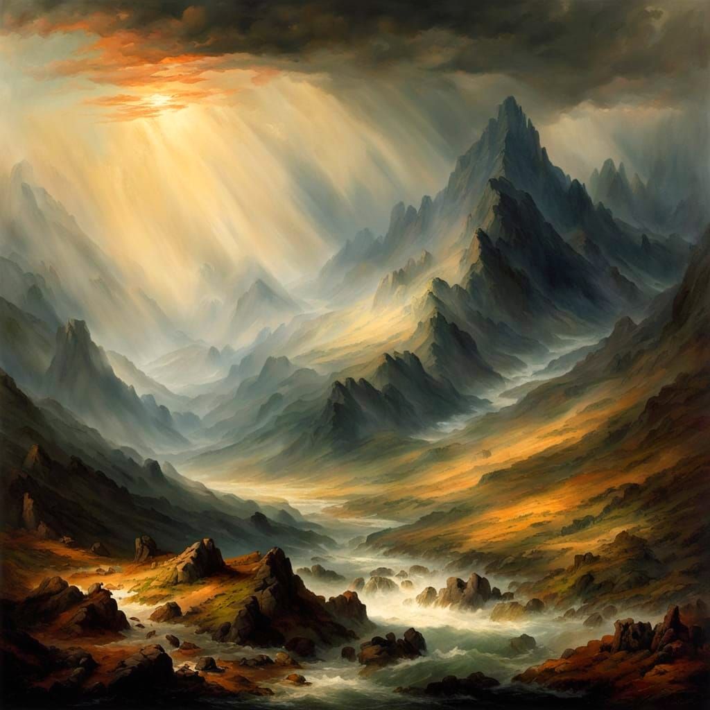 Dramatic Romantic Mountain Range in J.M.W. Turner Style