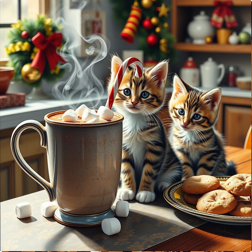 Kittens Enjoy Hot Chocolate Holiday Treats on Christmas Tabl...