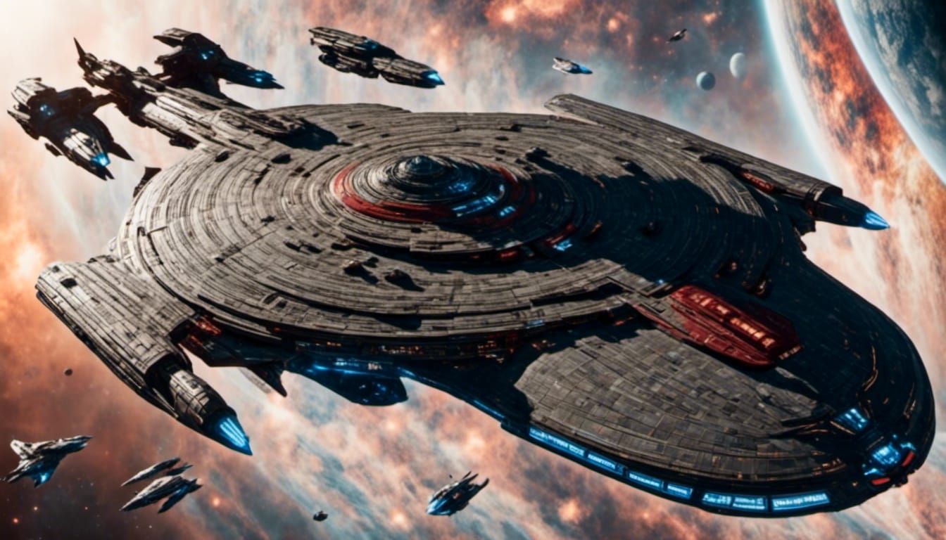 Red Battlestar Pegasus Starship in Space