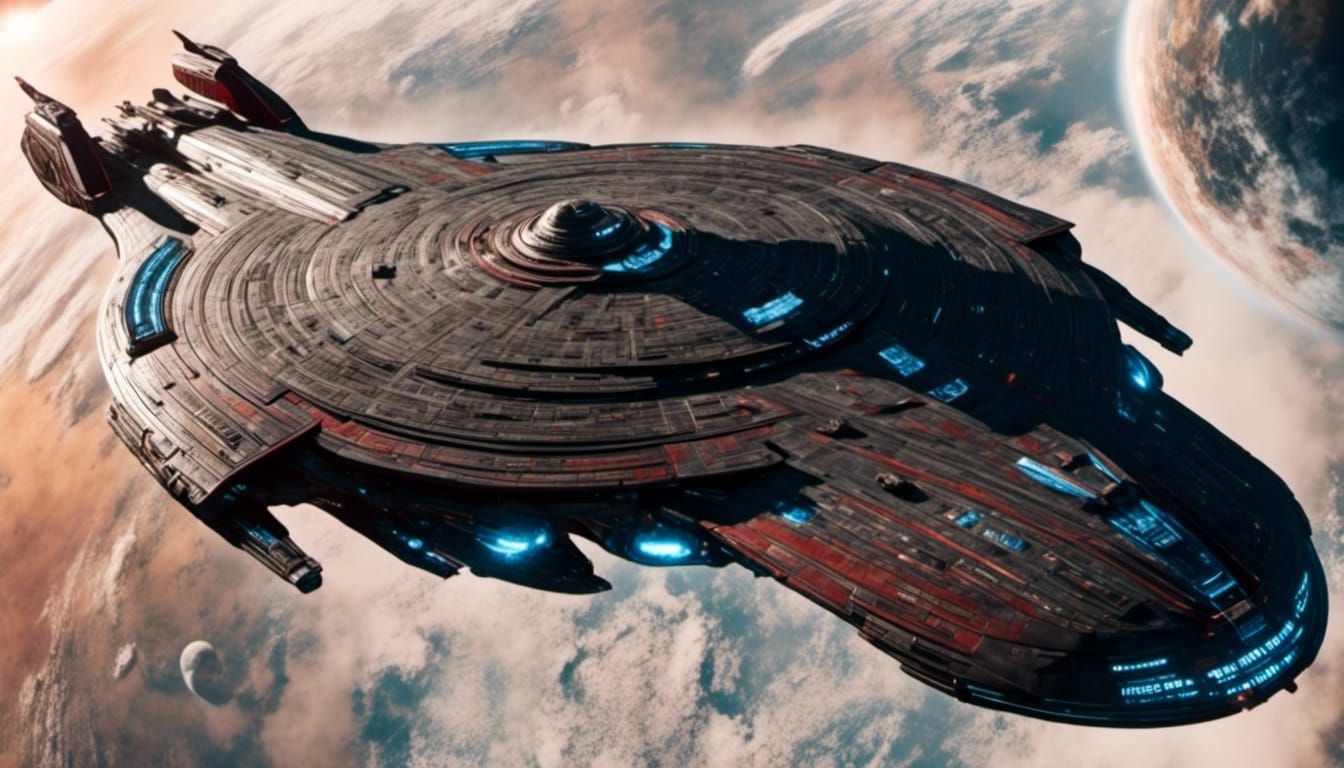 Red Battlestar Pegasus: Imposing Spaceship in Deep Space