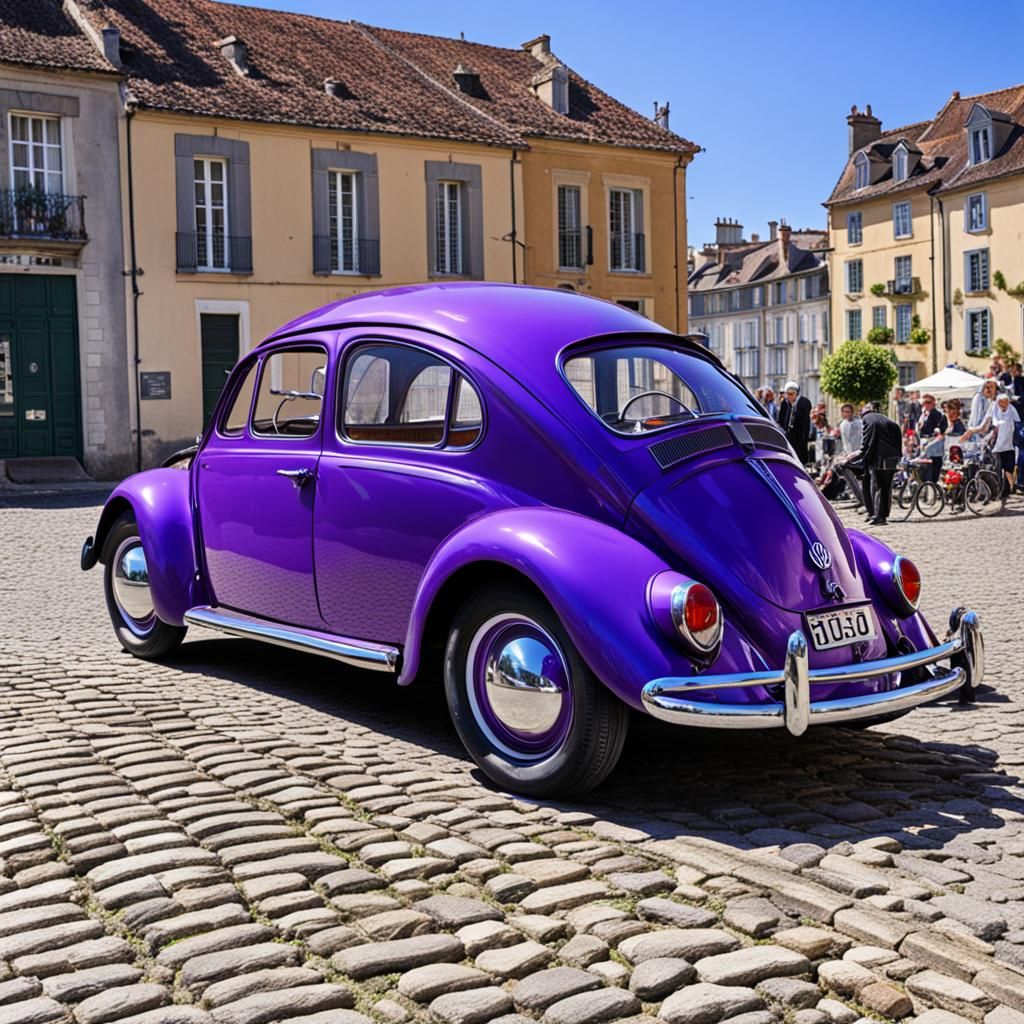Une coccinelle Volkswagen de couleur violet des années 60. Elle a des violettes sur son capot.